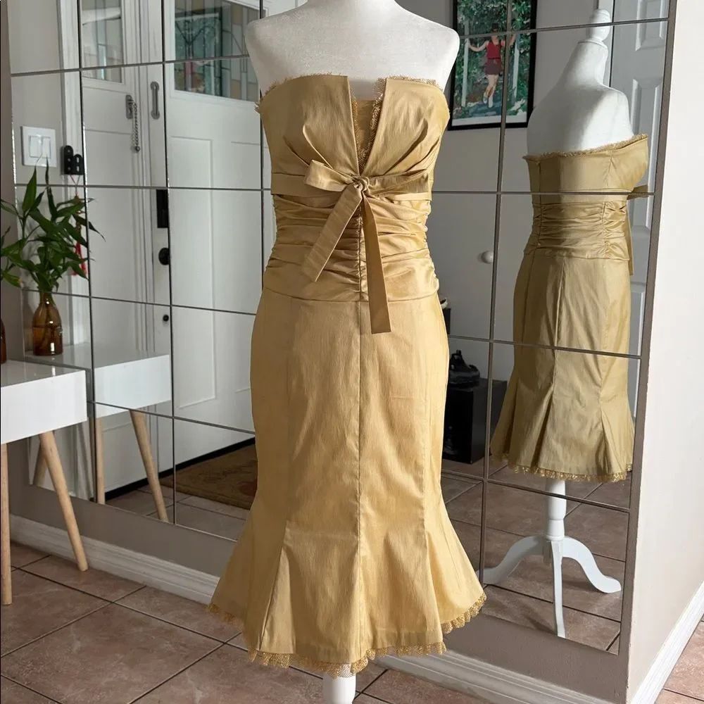 Donna Ricco Strapless Champagne Midi Dress with Front Bow